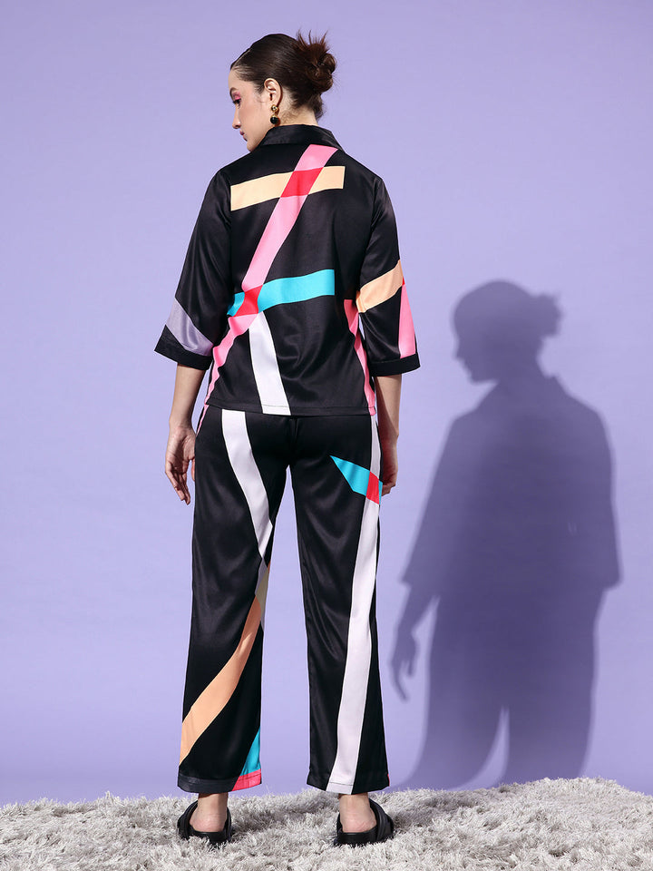 Black-&-Multicolor-Satin-Shirt-And-Trousers-Co-Ord-Set