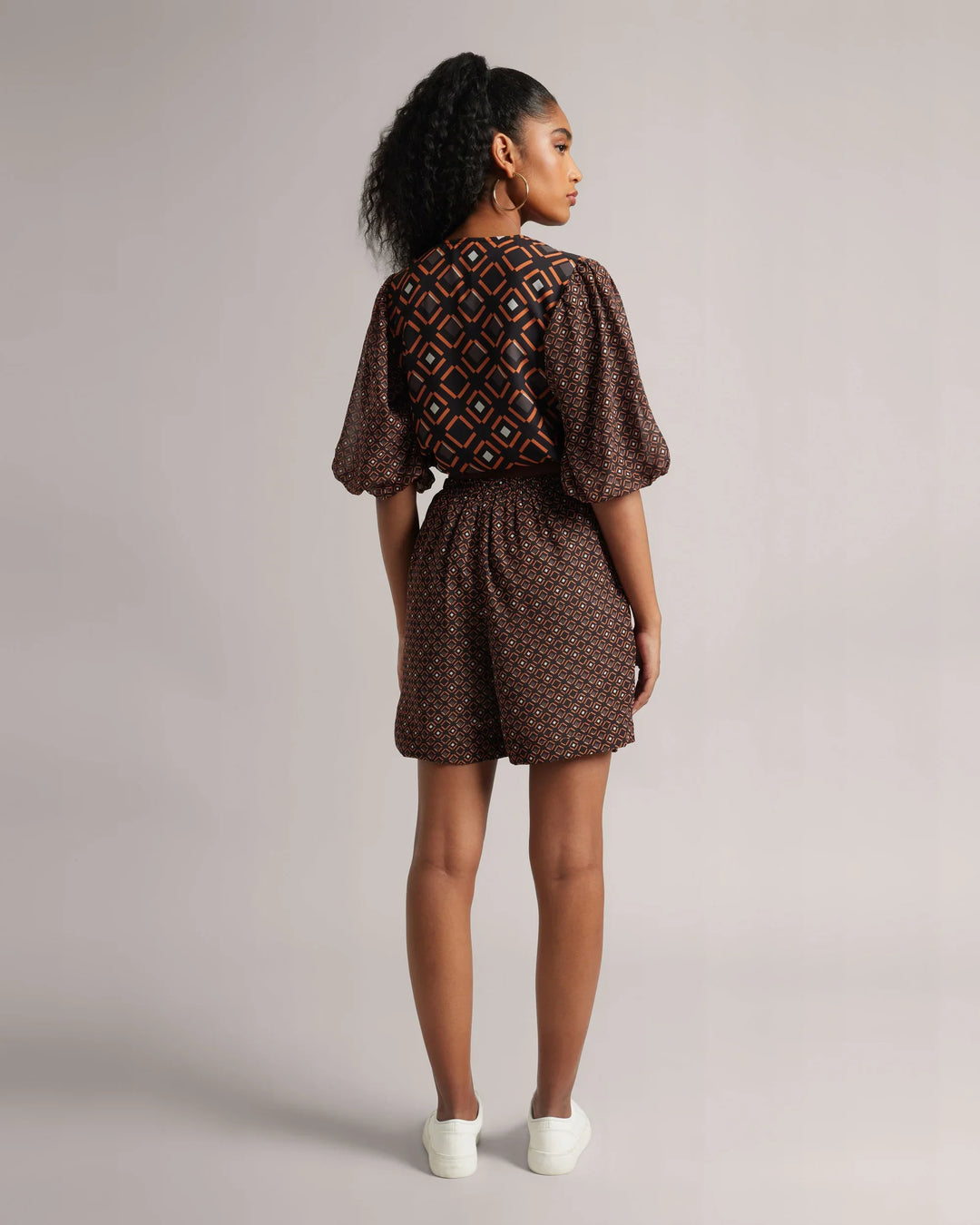 Black & Orange Geometric Print Top & "Skort" Co-Ord Set