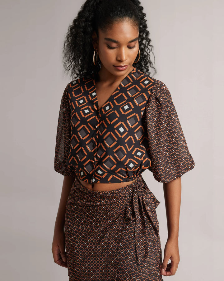 Black & Orange Geometric Print Top & "Skort" Co-Ord Set