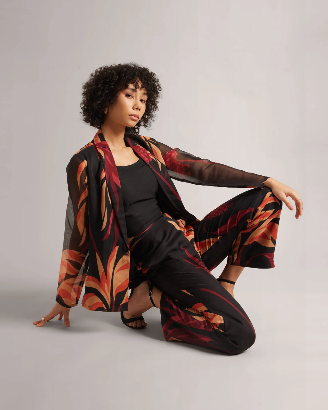 Black & Orange Organza Botanic Print Formal Co-Ord Set