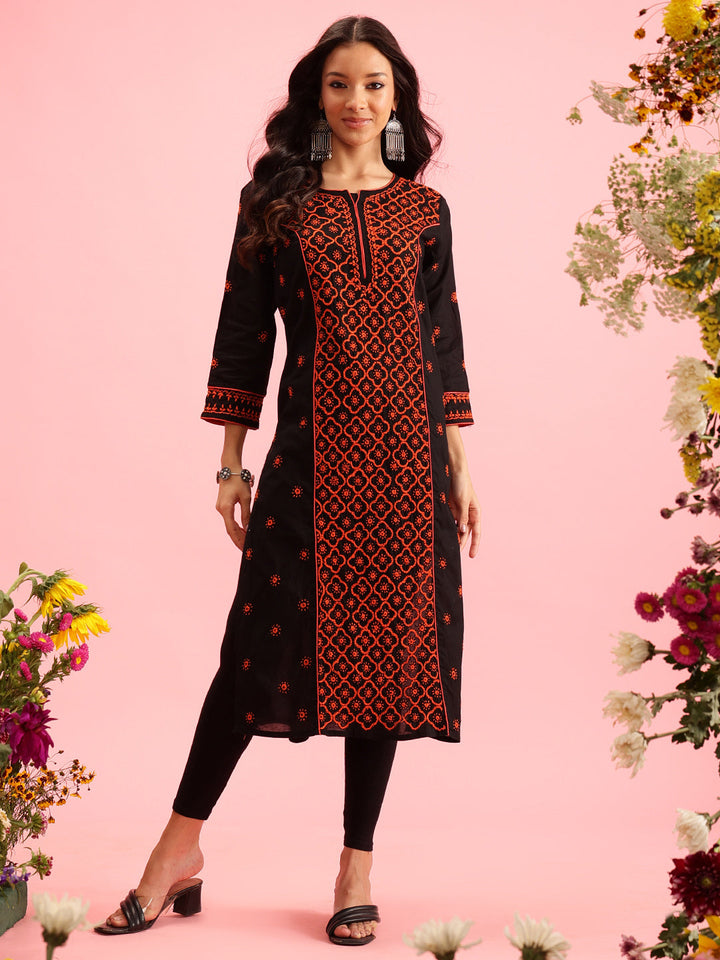 Black & Peach Sustainable Cotton Chikankari Kurta