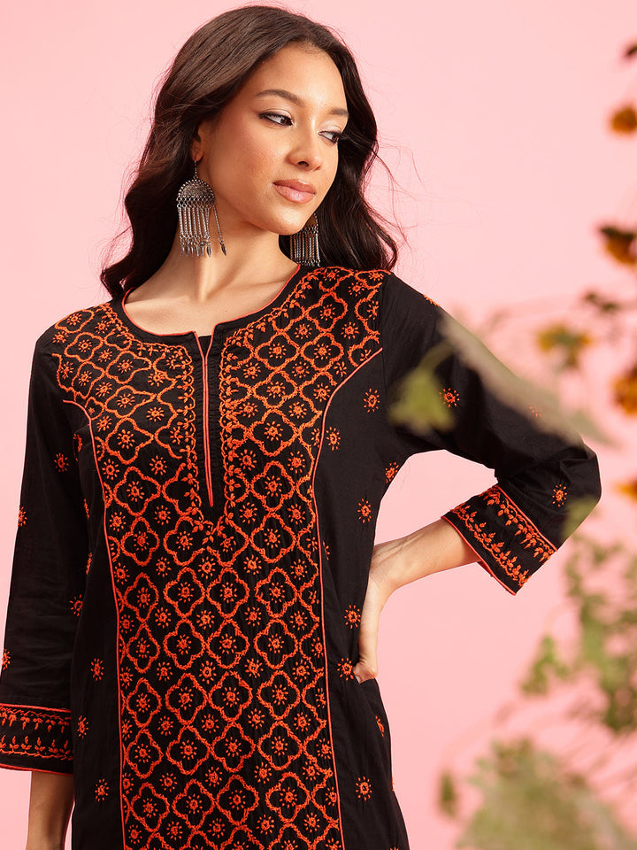 Black & Peach Sustainable Cotton Chikankari Kurta