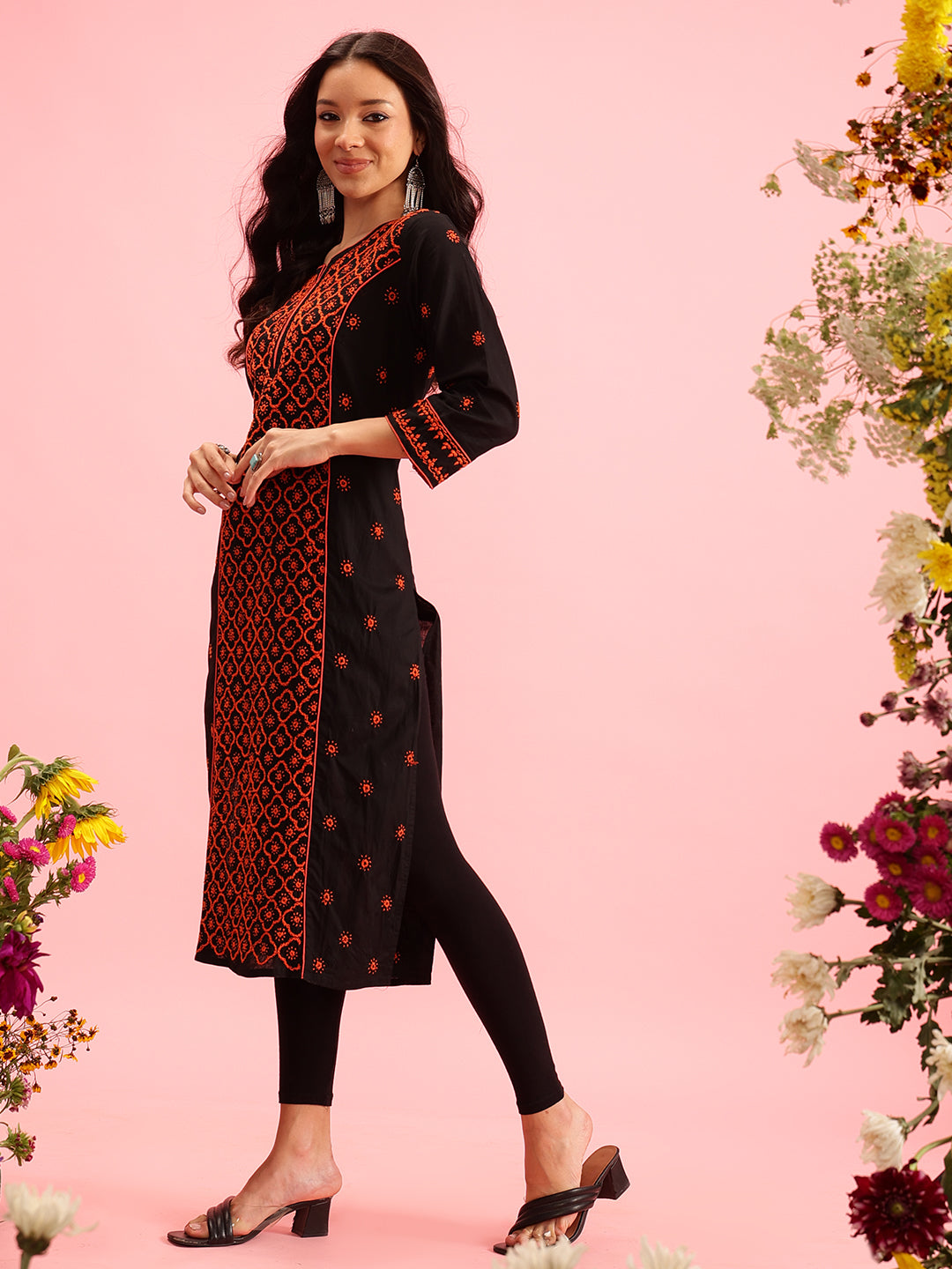 Black & Peach Sustainable Cotton Chikankari Kurta