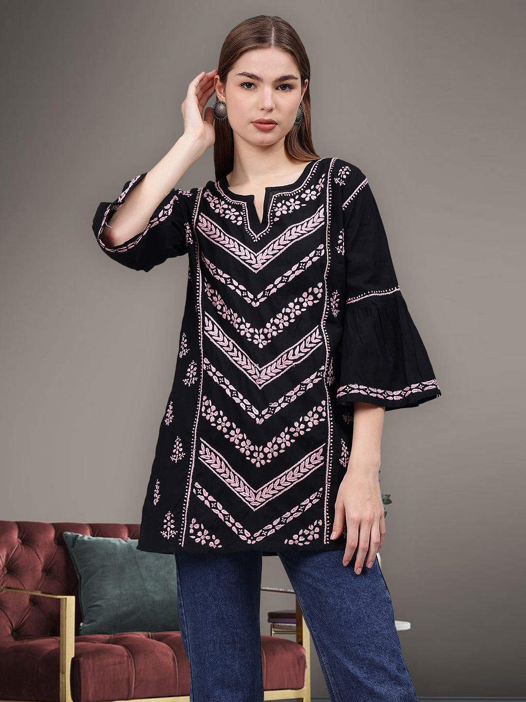 Black-&-Pink-Cotton-Embroidered-Round-Neck-Chikankari-Tunic