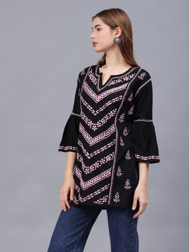 Black-&-Pink-Cotton-Embroidered-Round-Neck-Chikankari-Tunic