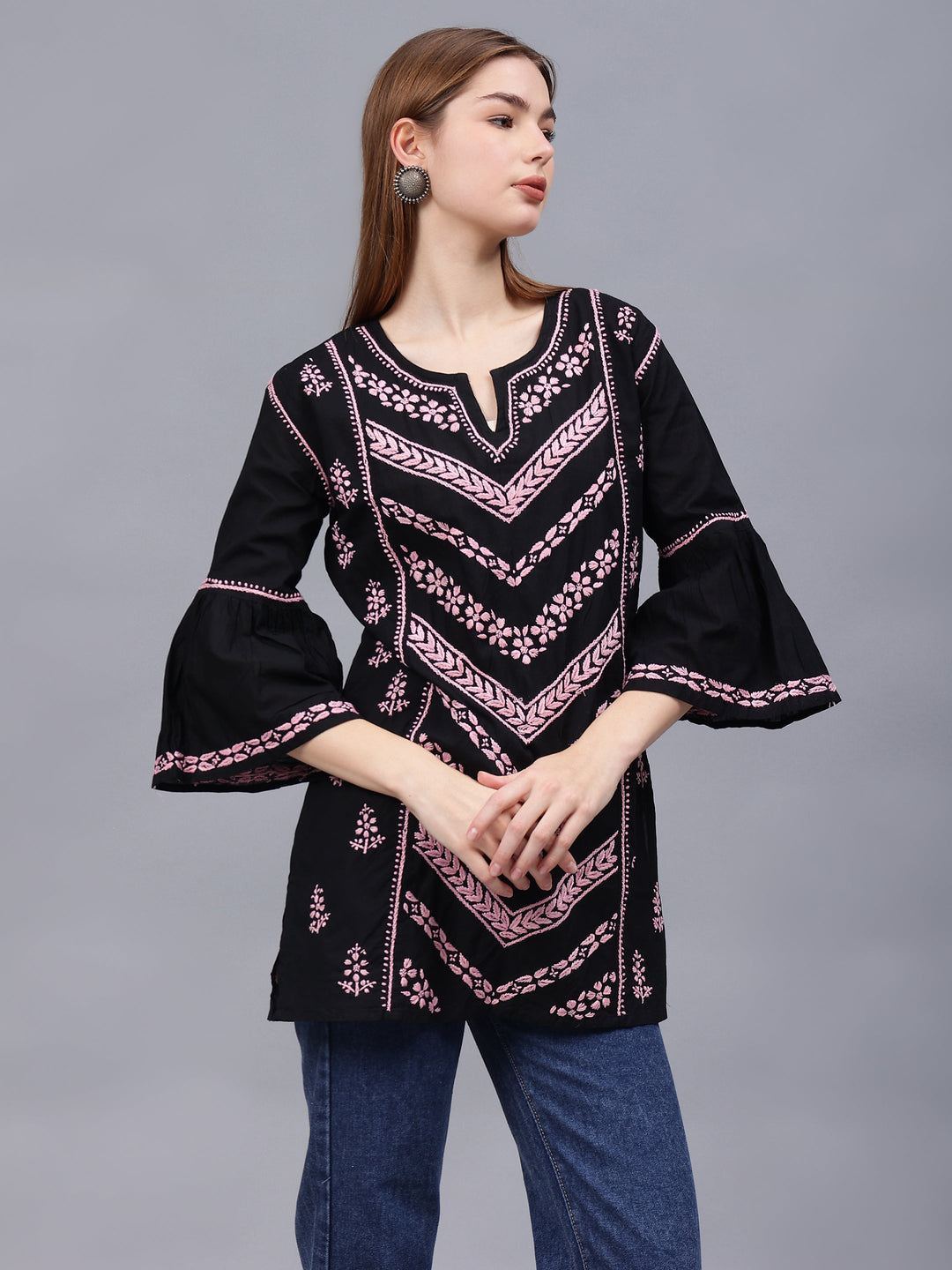 Black-&-Pink-Cotton-Embroidered-Round-Neck-Chikankari-Tunic