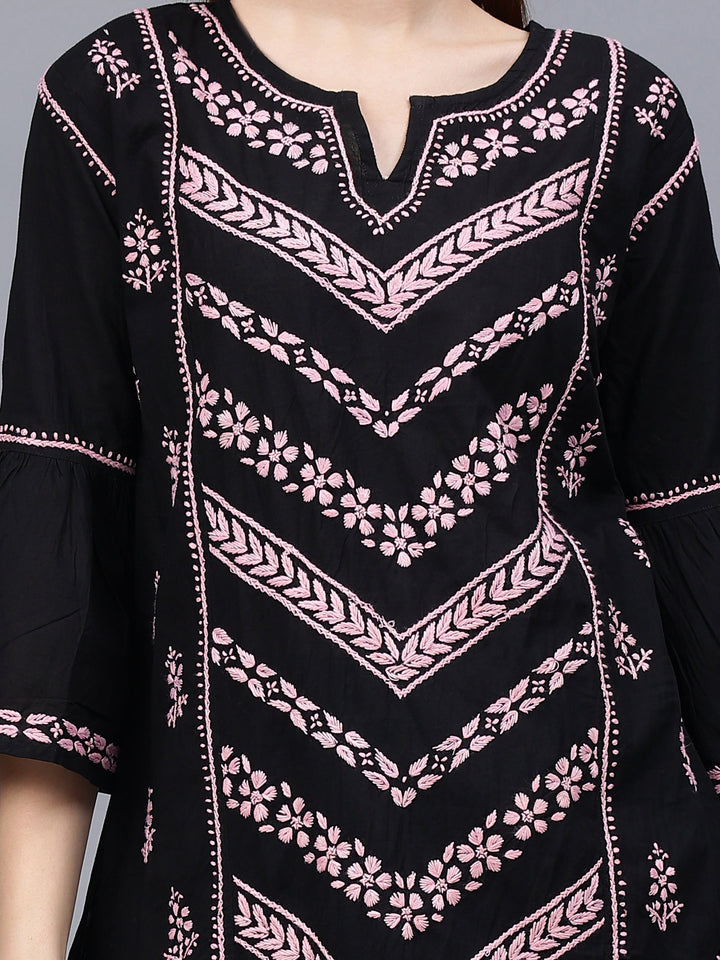 Black-&-Pink-Cotton-Embroidered-Round-Neck-Chikankari-Tunic