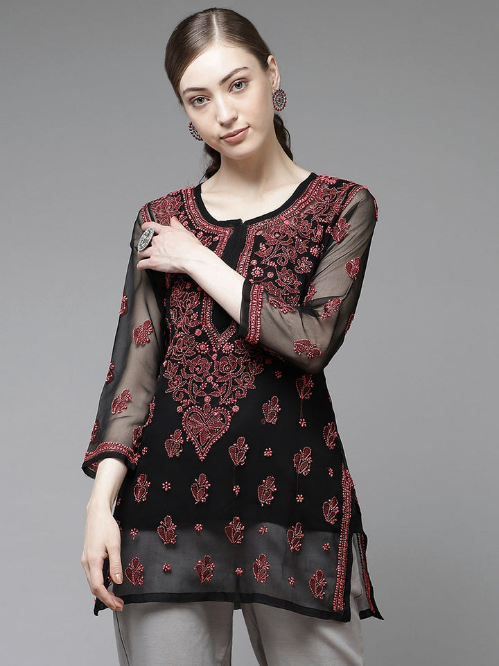 Black & Pink Georgette Chikankari Tunic With Slip