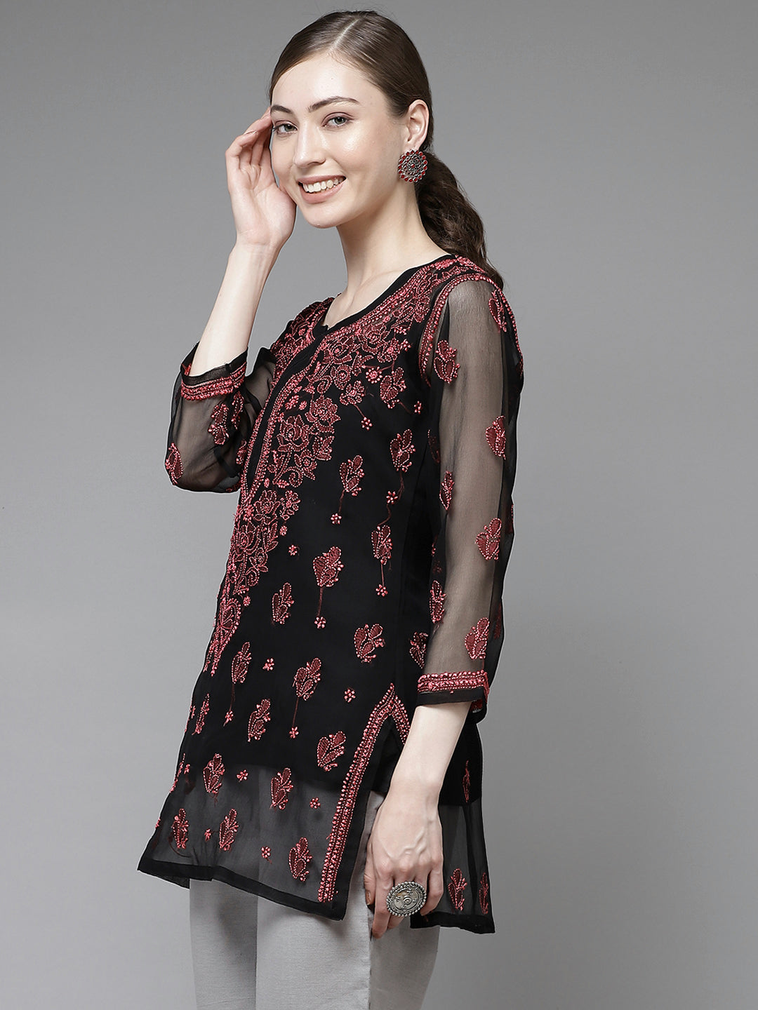 Black & Pink Georgette Chikankari Tunic With Slip