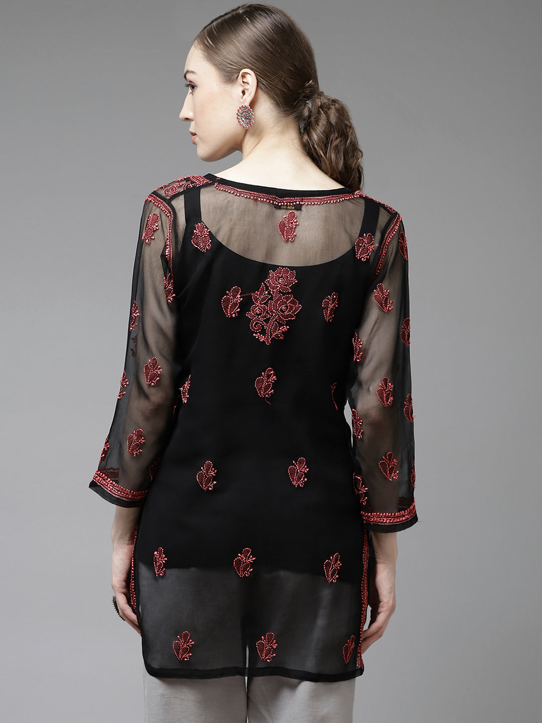 Black & Pink Georgette Chikankari Tunic With Slip