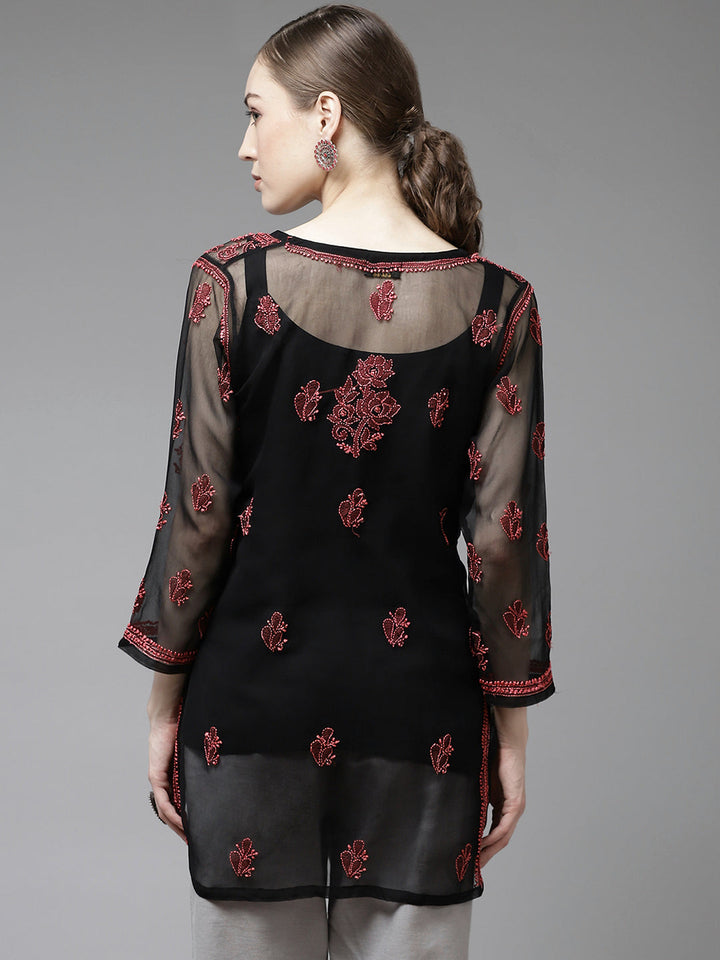 Black & Pink Georgette Chikankari Tunic With Slip