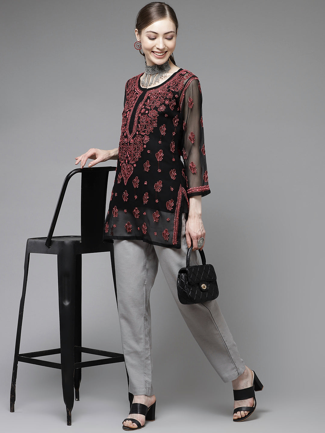 Black & Pink Georgette Chikankari Tunic With Slip