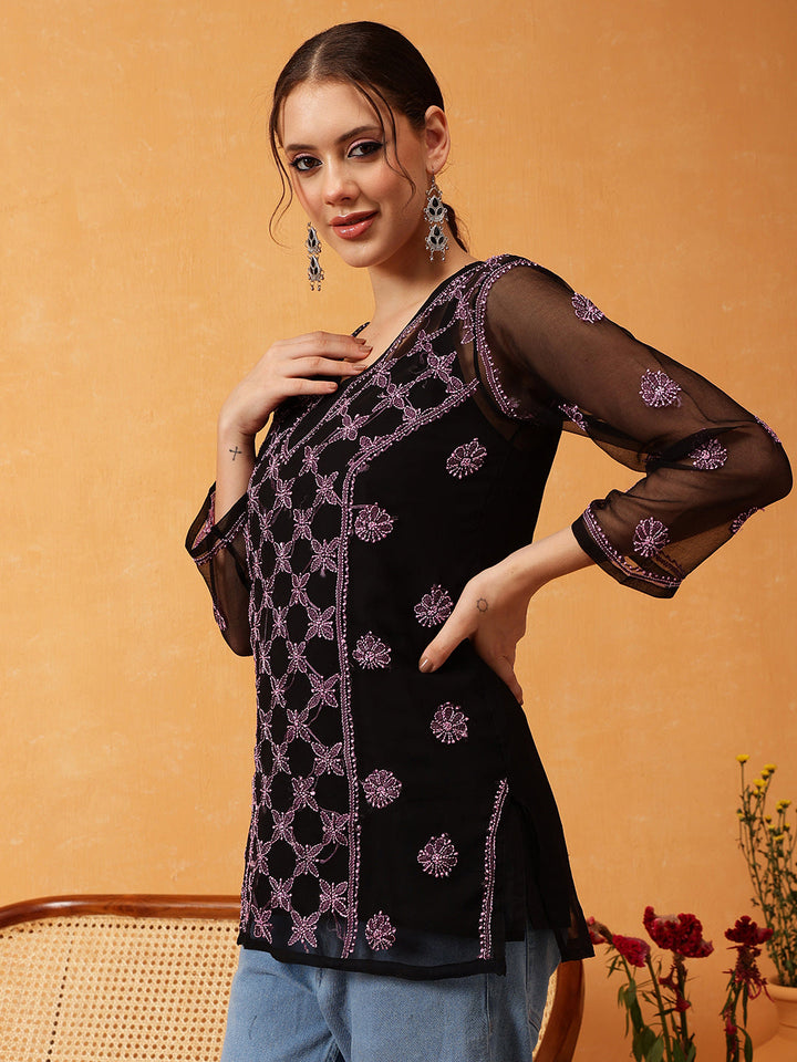 Black-&-Pink-Georgette-Embroidery-Chikankari-Tunic-With-Slip