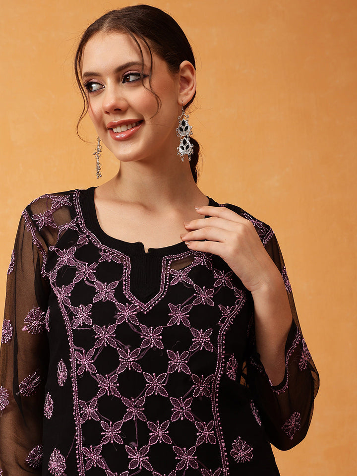 Black-&-Pink-Georgette-Embroidery-Chikankari-Tunic-With-Slip