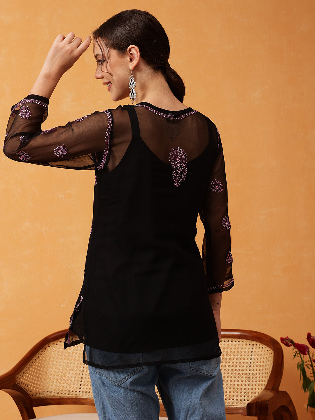 Black-&-Pink-Georgette-Embroidery-Chikankari-Tunic-With-Slip