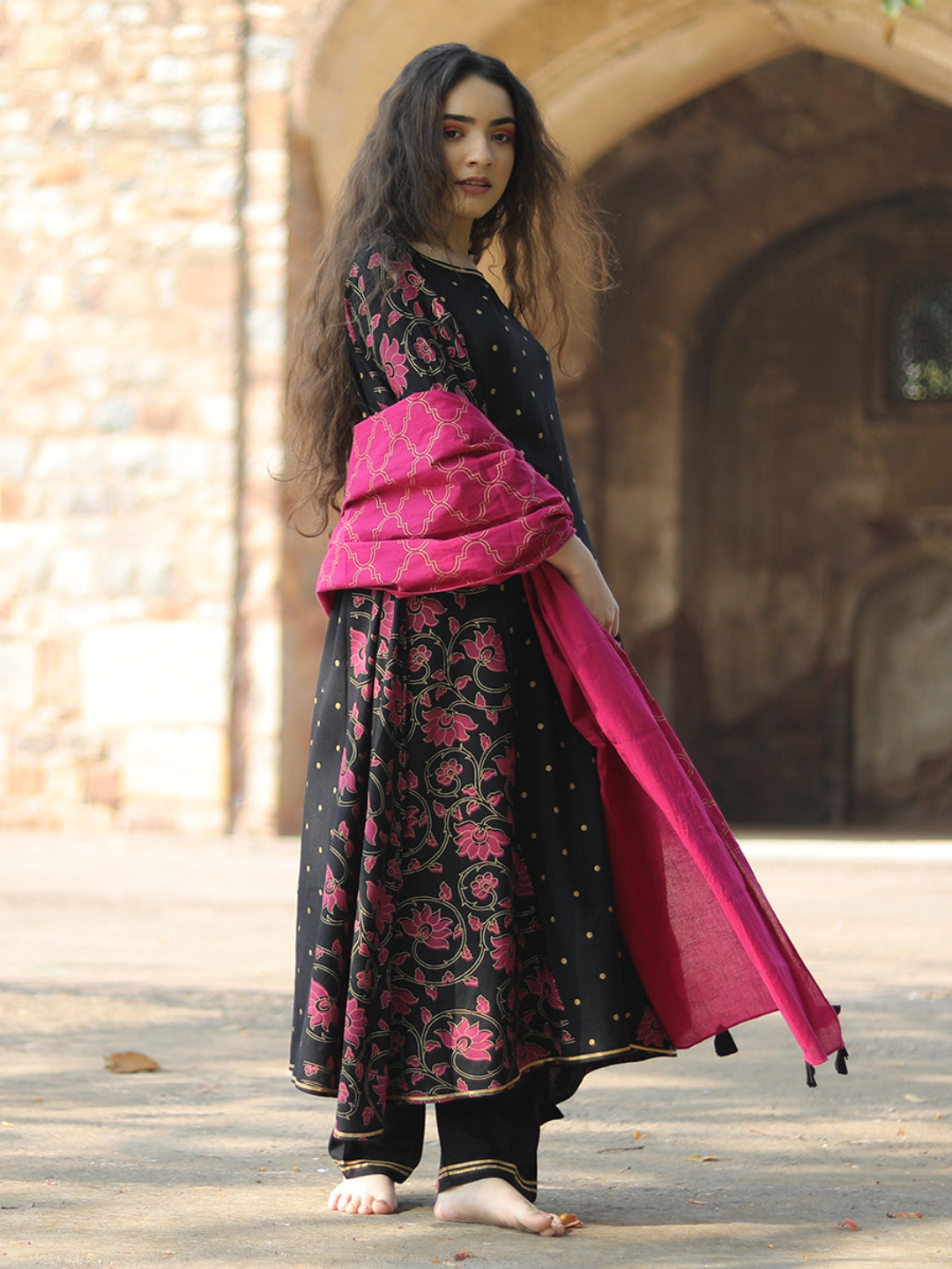 Black & Pink Printed Kurta Set With Dupatta