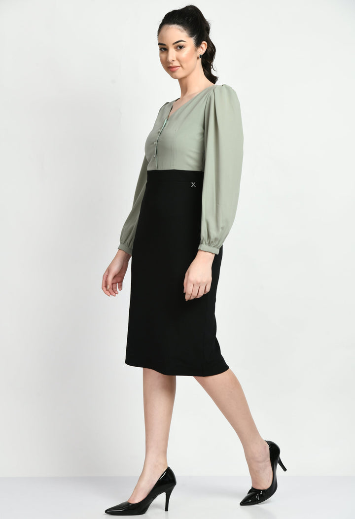 Black-&-Pista-Green-Cotton-Blend-Blocked-Sheath-Dress