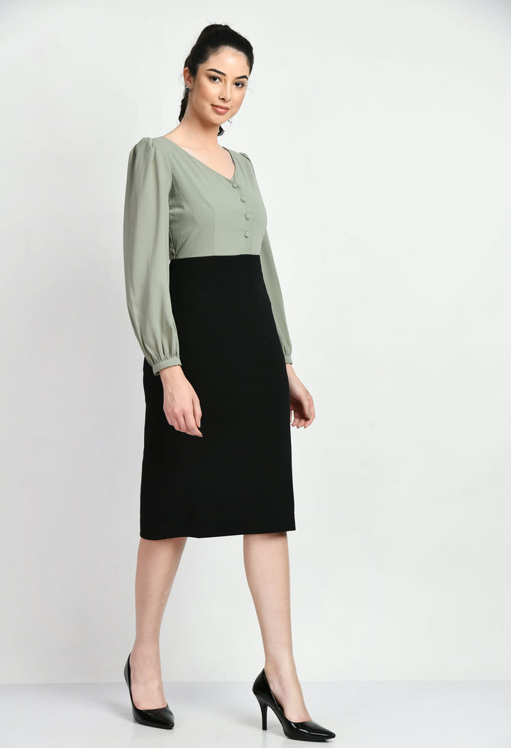 Black-&-Pista-Green-Cotton-Blend-Blocked-Sheath-Dress