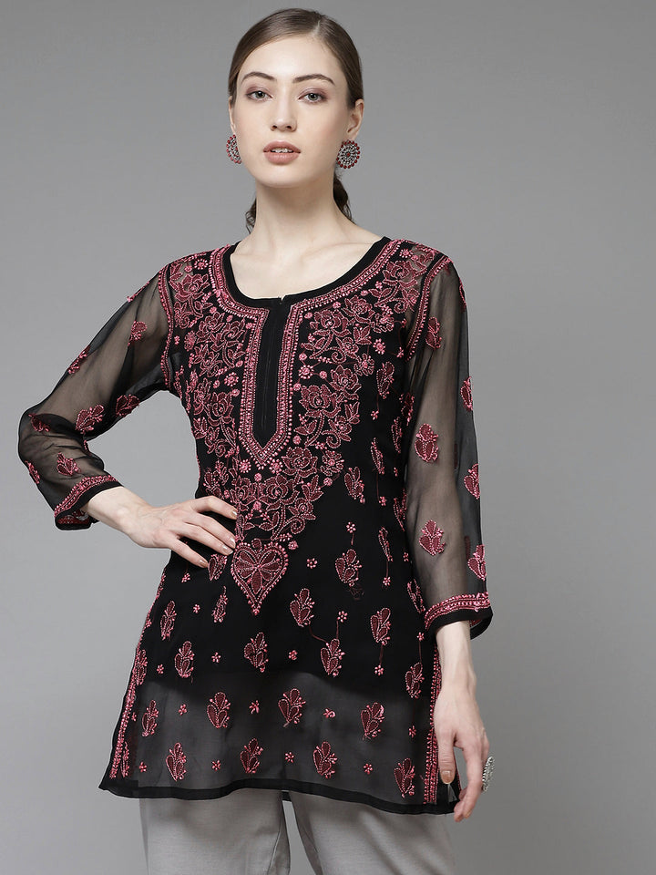 Black & Rani Pink Georgette Chikankari Tunic With Slip