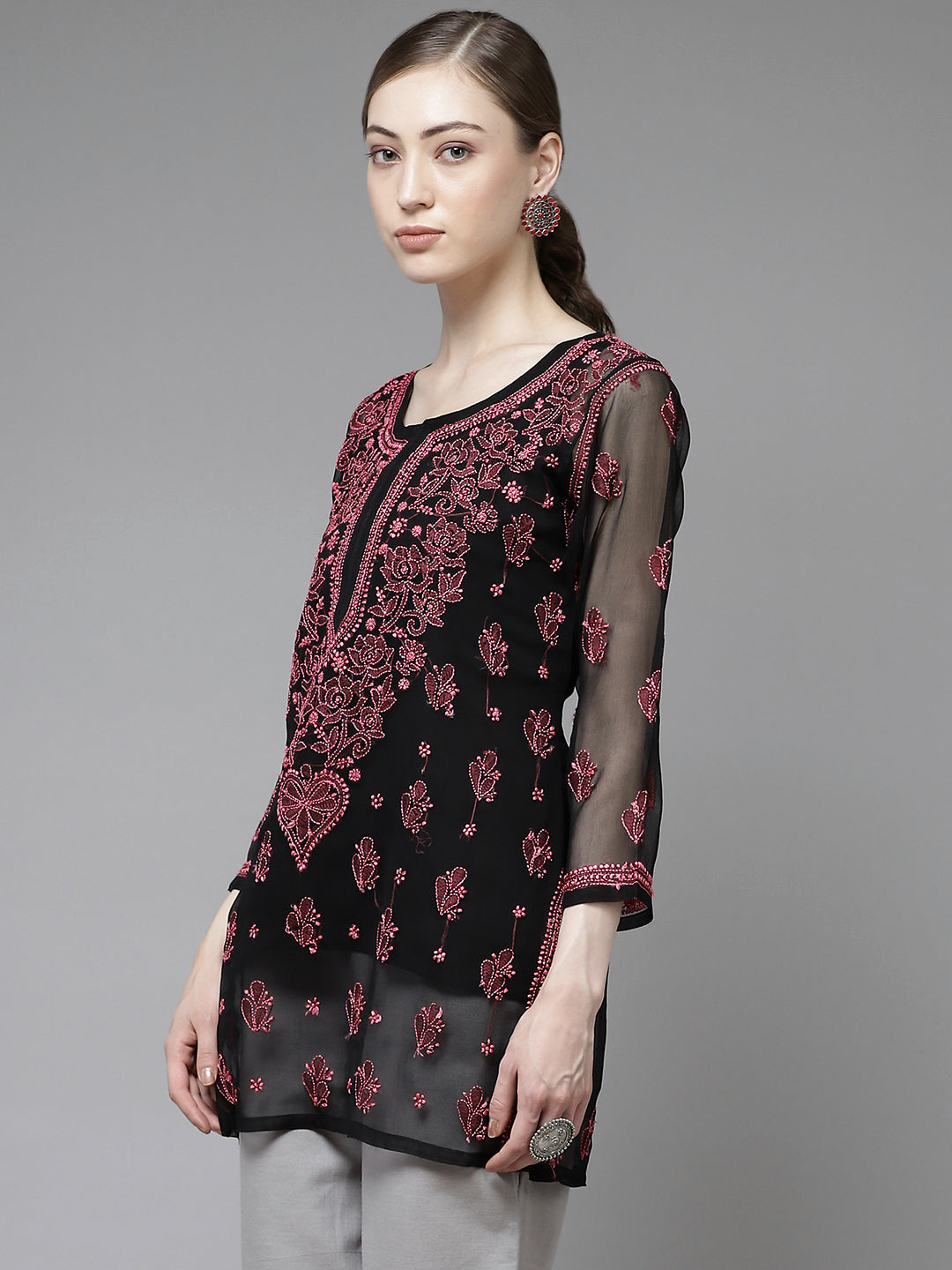 Black & Rani Pink Georgette Chikankari Tunic With Slip