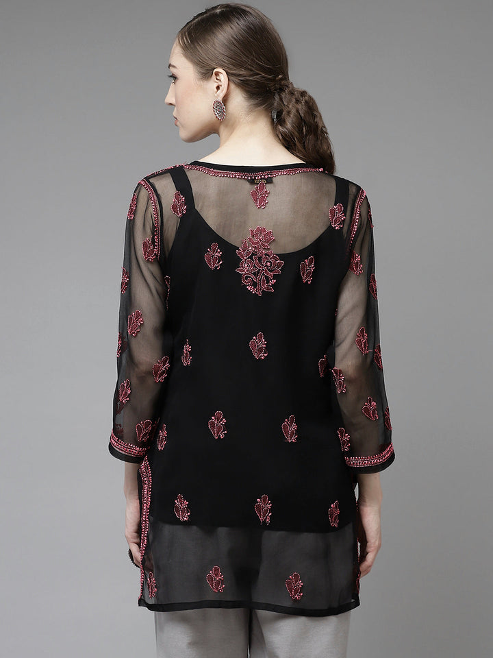 Black & Rani Pink Georgette Chikankari Tunic With Slip