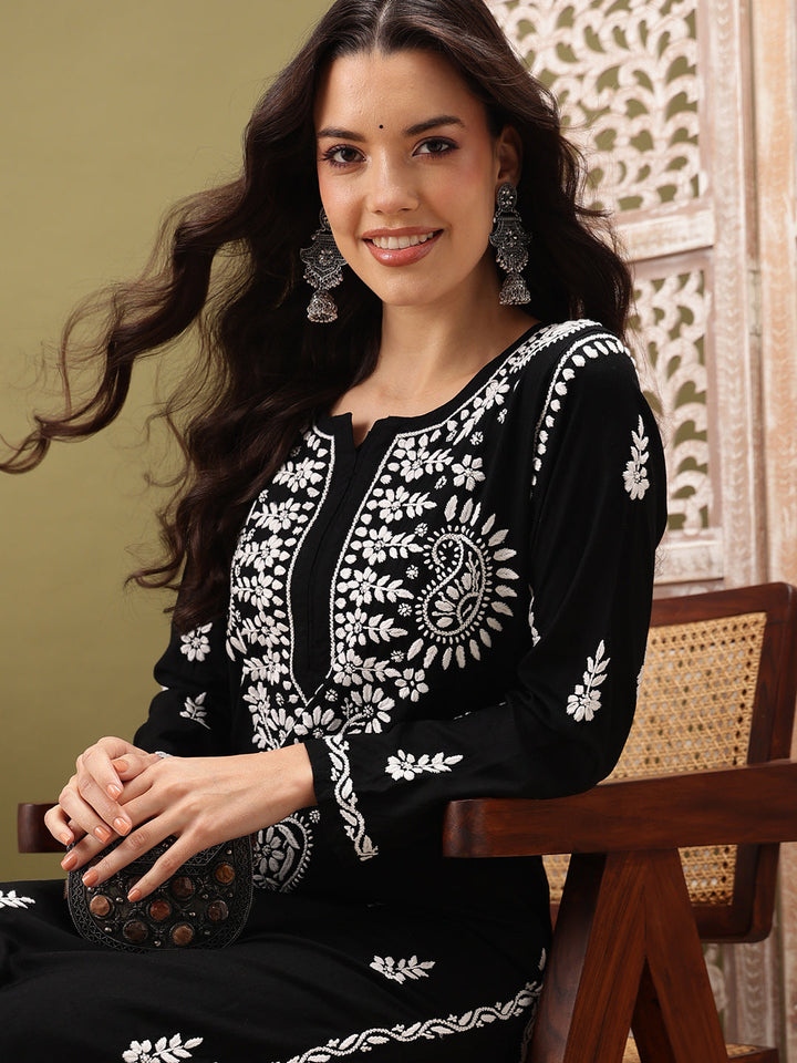 Black-&-Rayon-Embroidered-Chikankari-2-Piece-Kurta-Set