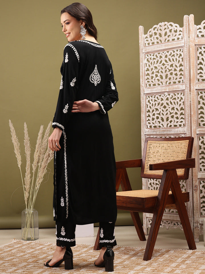 Black-&-Rayon-Embroidered-Chikankari-2-Piece-Kurta-Set