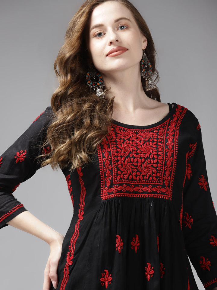 Black & Red Cotton A-Line Chikankari Tunic