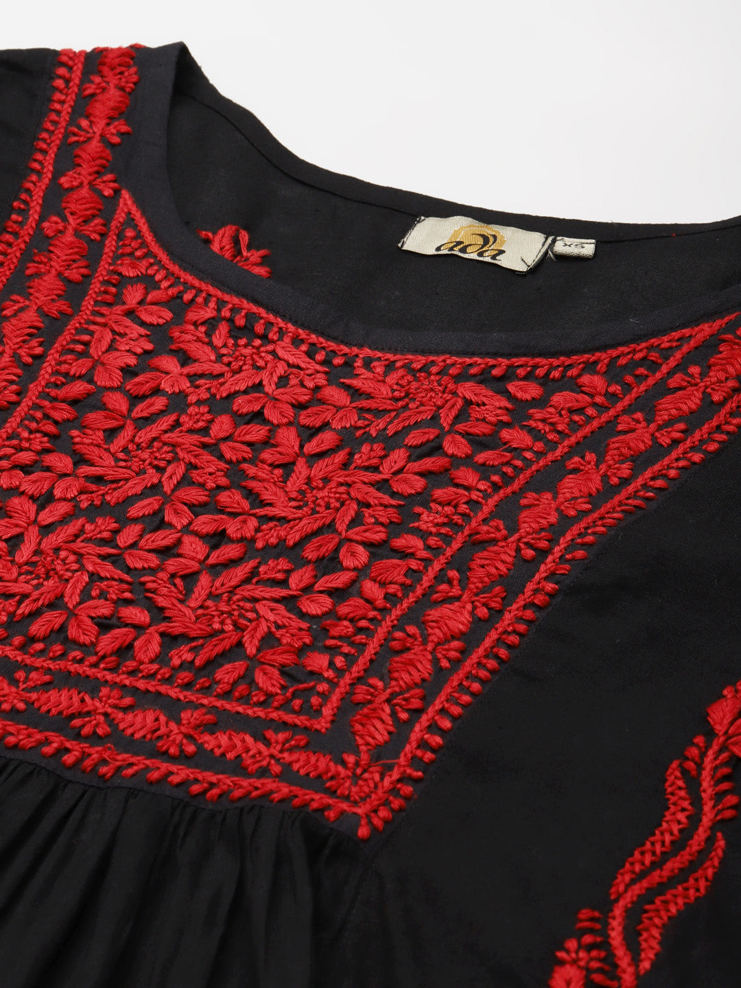 Black & Red Cotton A-Line Chikankari Tunic