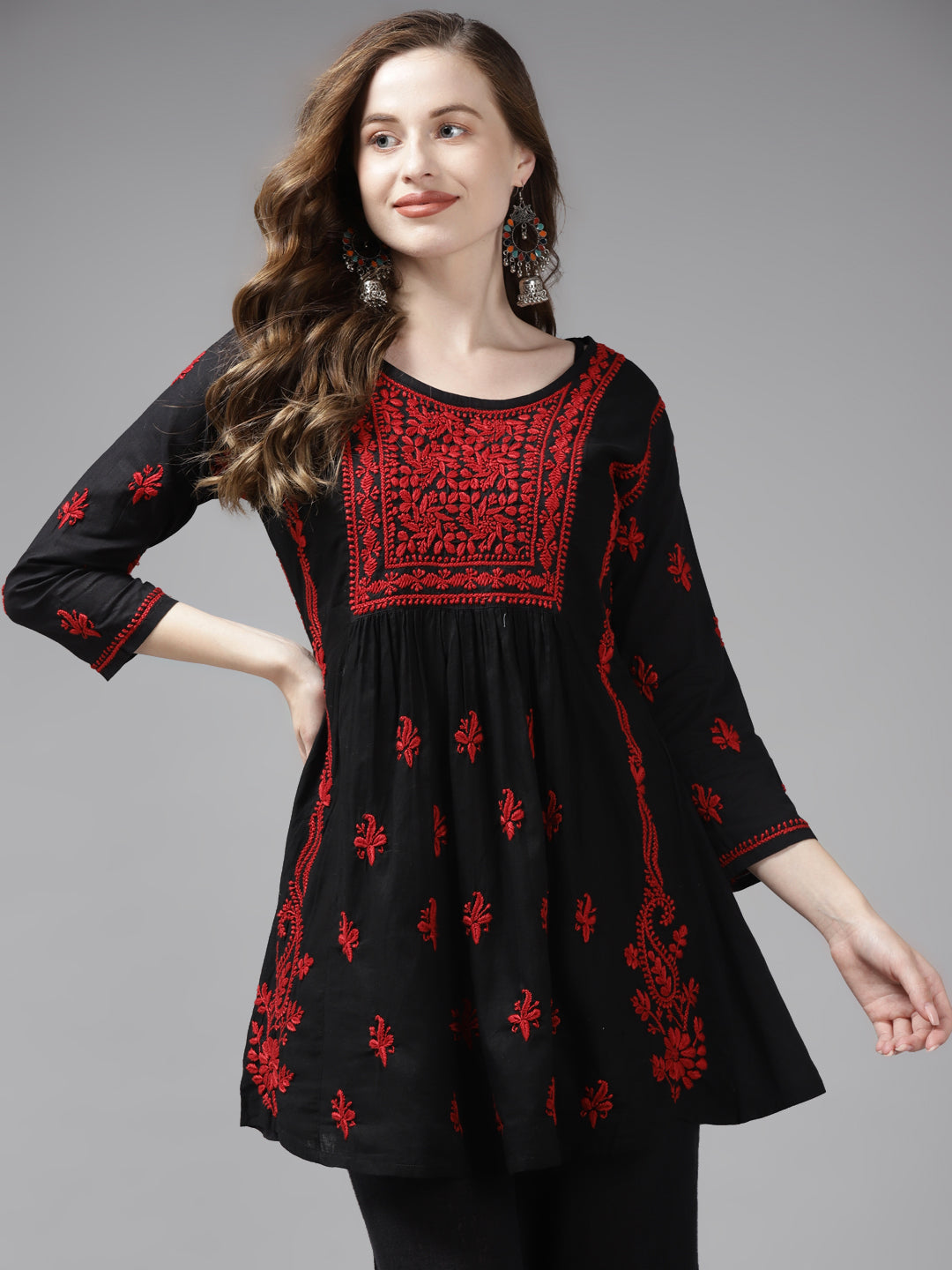 Black & Red Cotton A-Line Chikankari Tunic