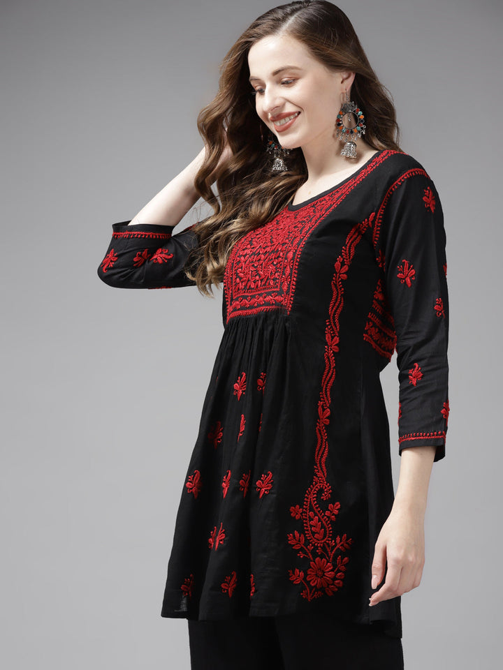 Black & Red Cotton A-Line Chikankari Tunic