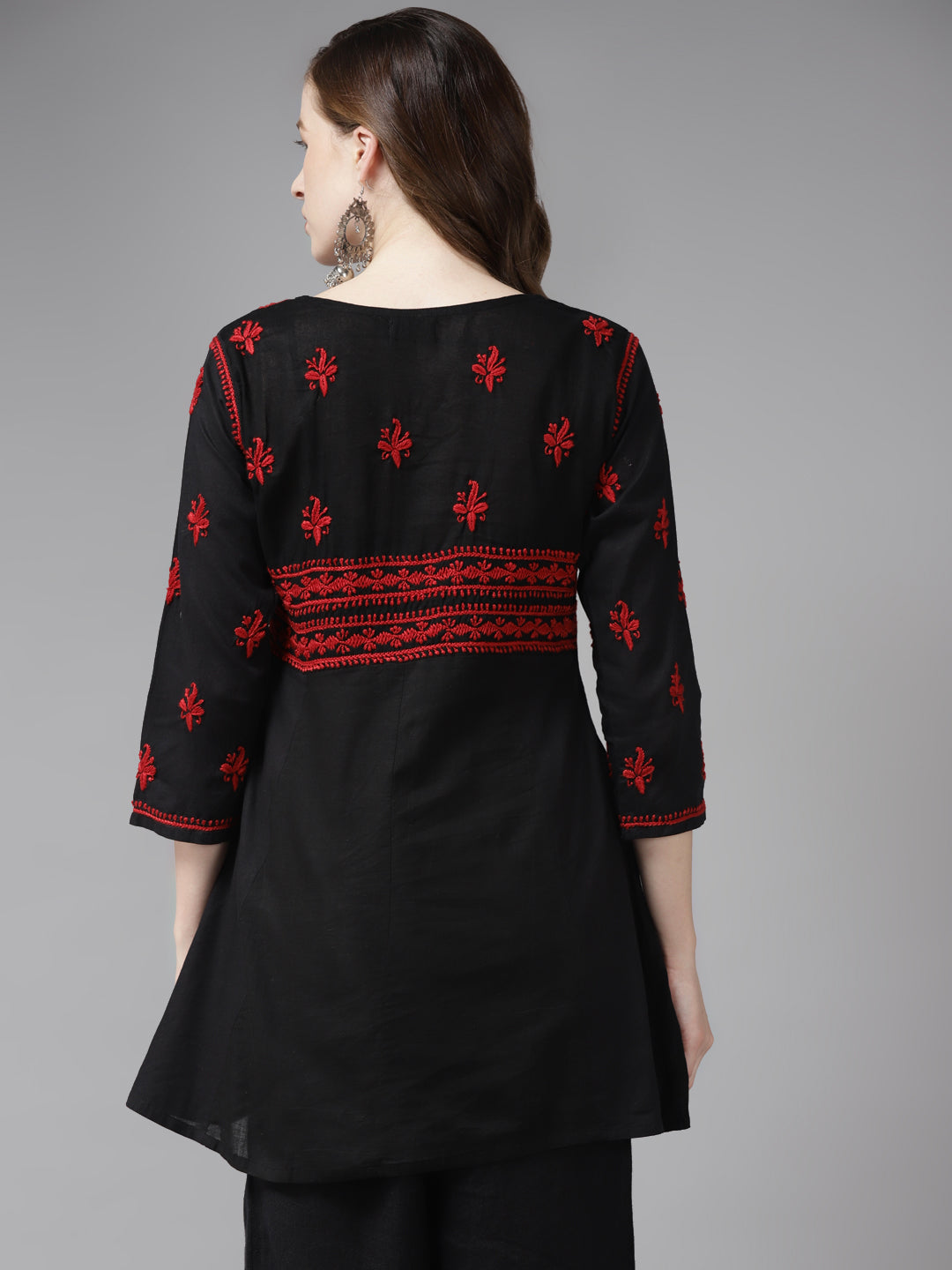 Black & Red Cotton A-Line Chikankari Tunic