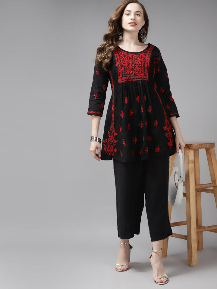 Black & Red Cotton A-Line Chikankari Tunic