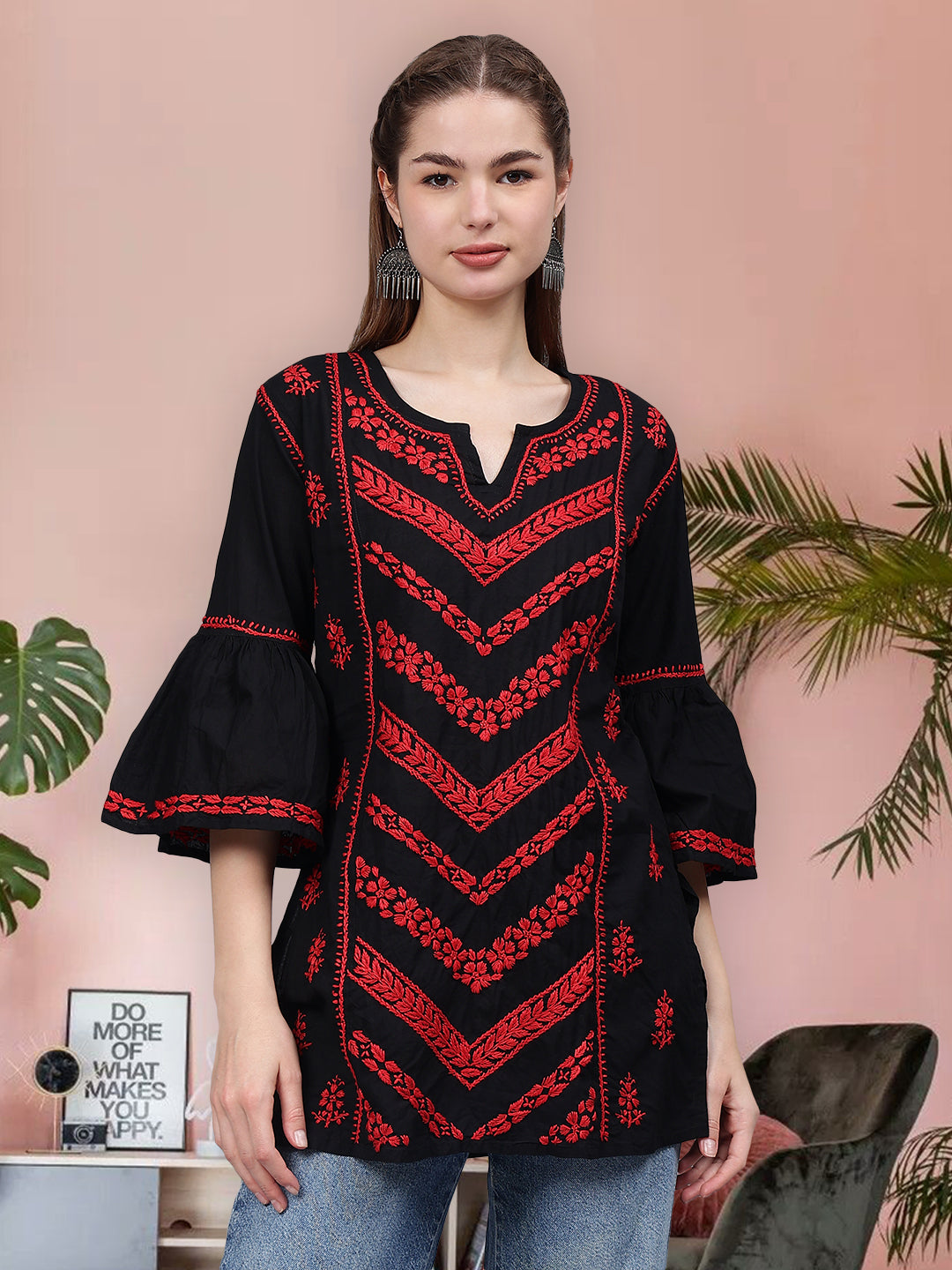 Black-&-Red-Cotton-Hand-Embroidered-Chikankari-Tunic