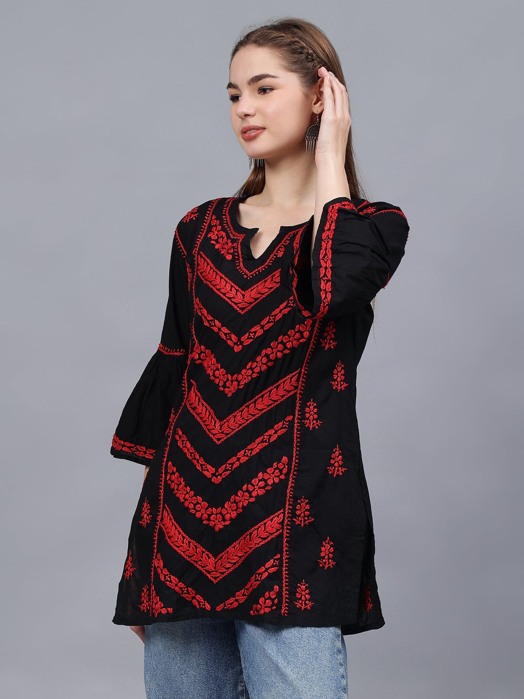 Black-&-Red-Cotton-Hand-Embroidered-Chikankari-Tunic