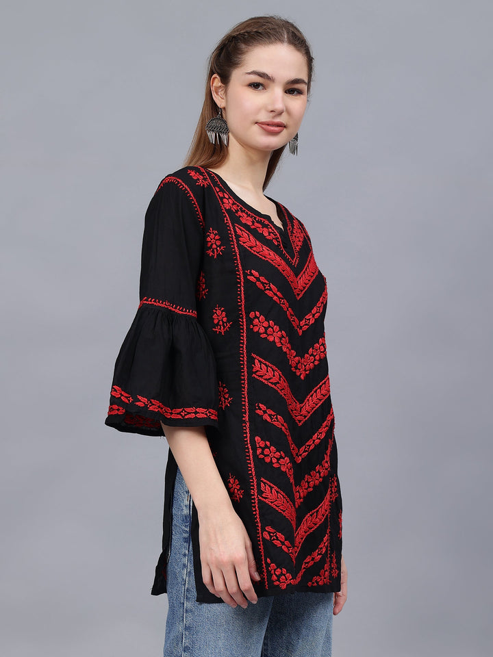 Black-&-Red-Cotton-Hand-Embroidered-Chikankari-Tunic