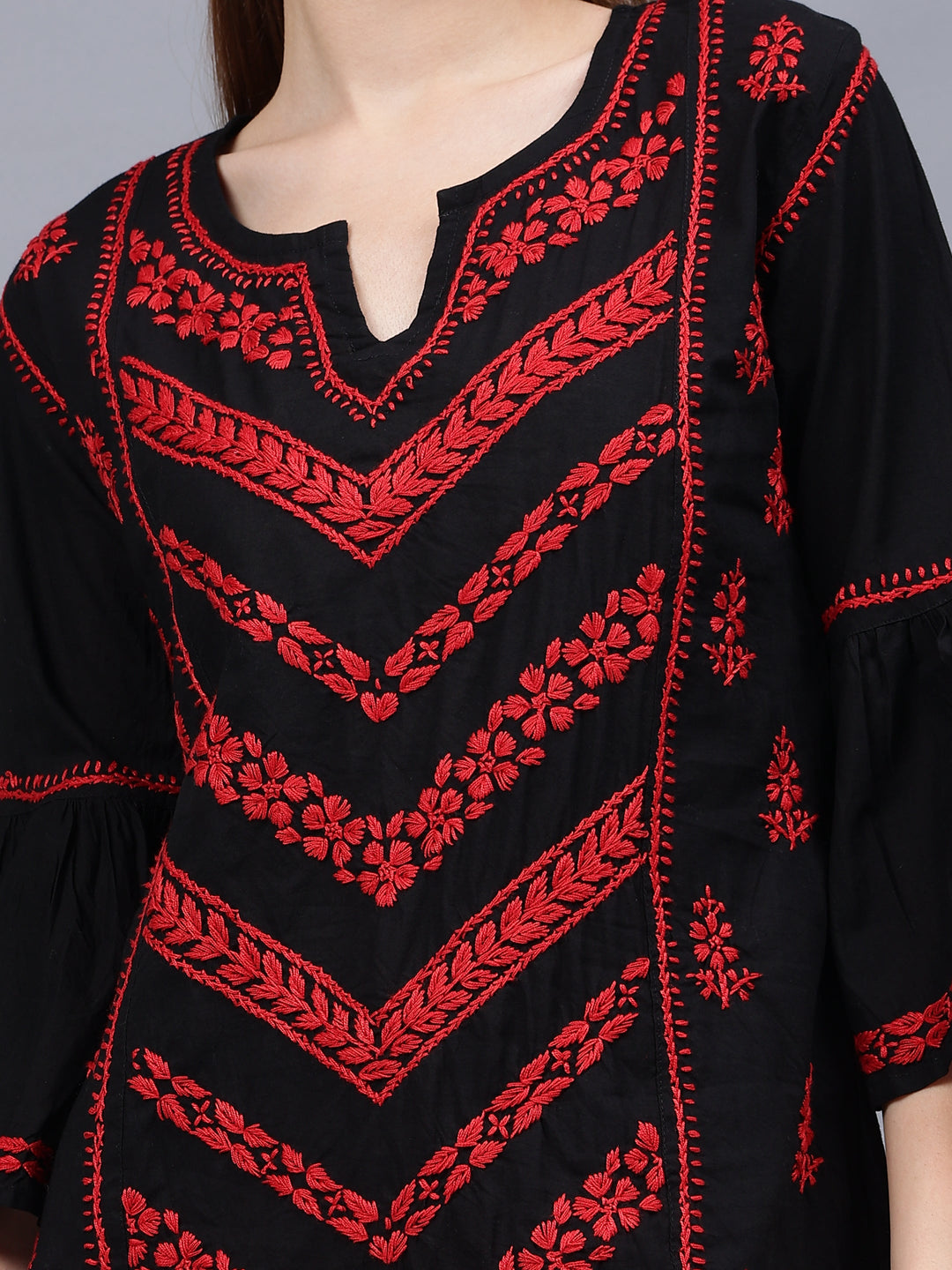 Black-&-Red-Cotton-Hand-Embroidered-Chikankari-Tunic