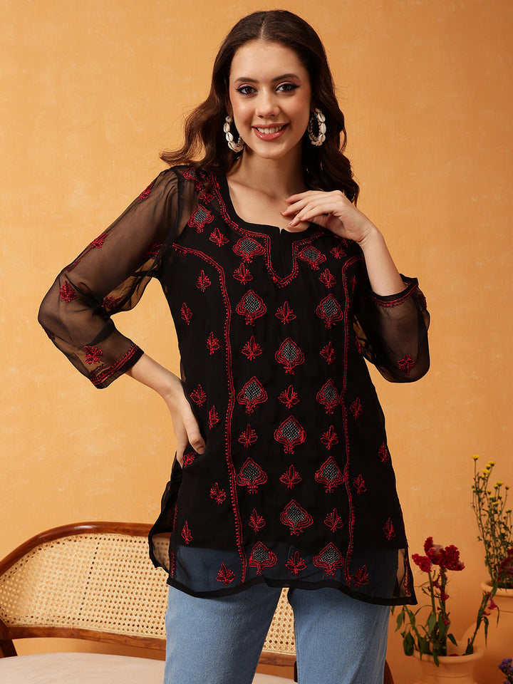 Black-&-Red-Georgette-Embroidery-Chikankari-Tunic-With-Slip