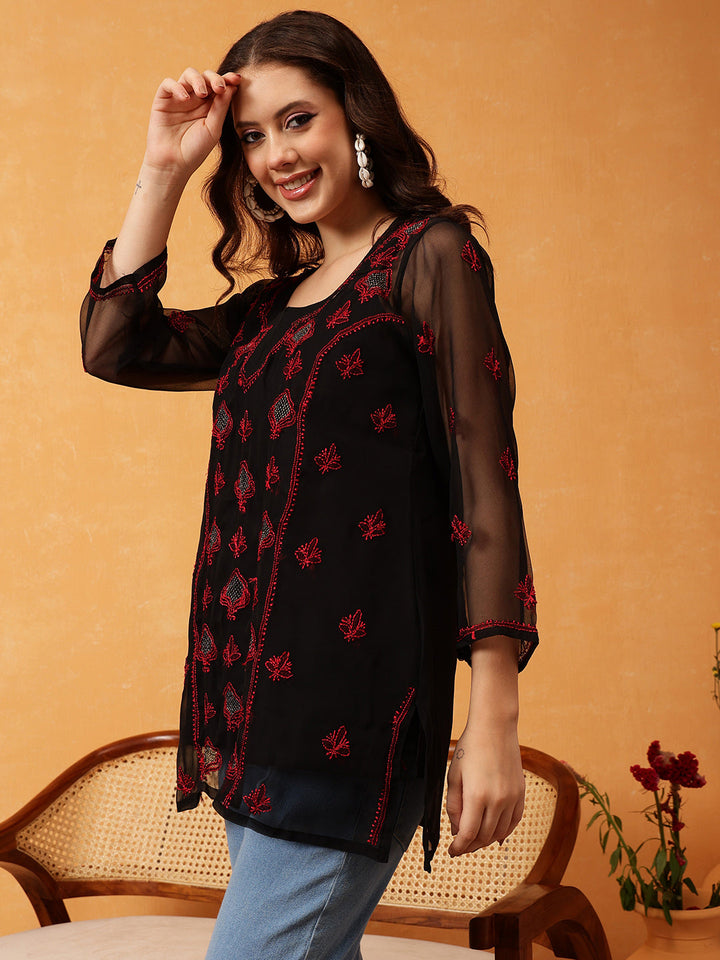 Black-&-Red-Georgette-Embroidery-Chikankari-Tunic-With-Slip