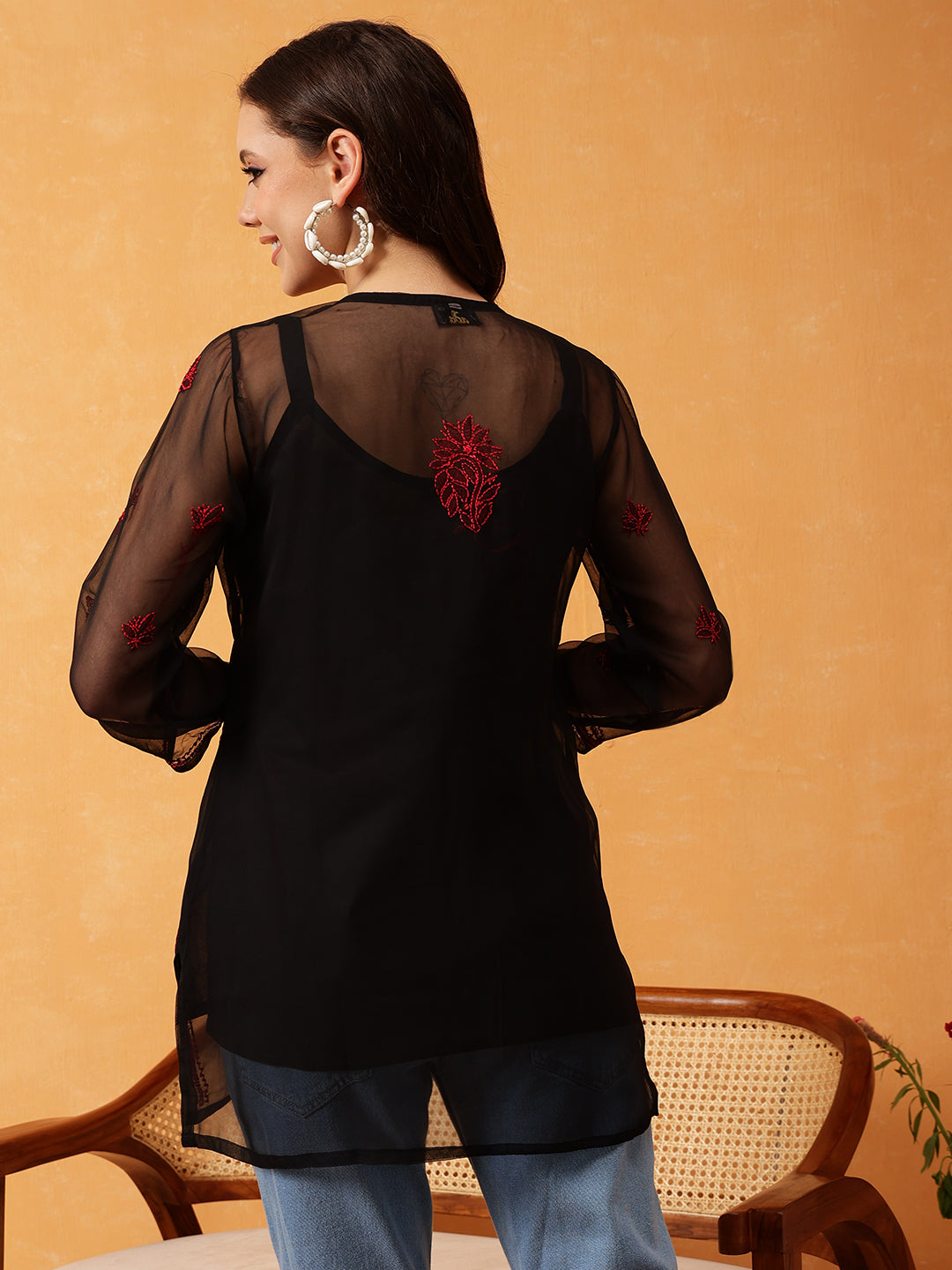 Black-&-Red-Georgette-Embroidery-Chikankari-Tunic-With-Slip