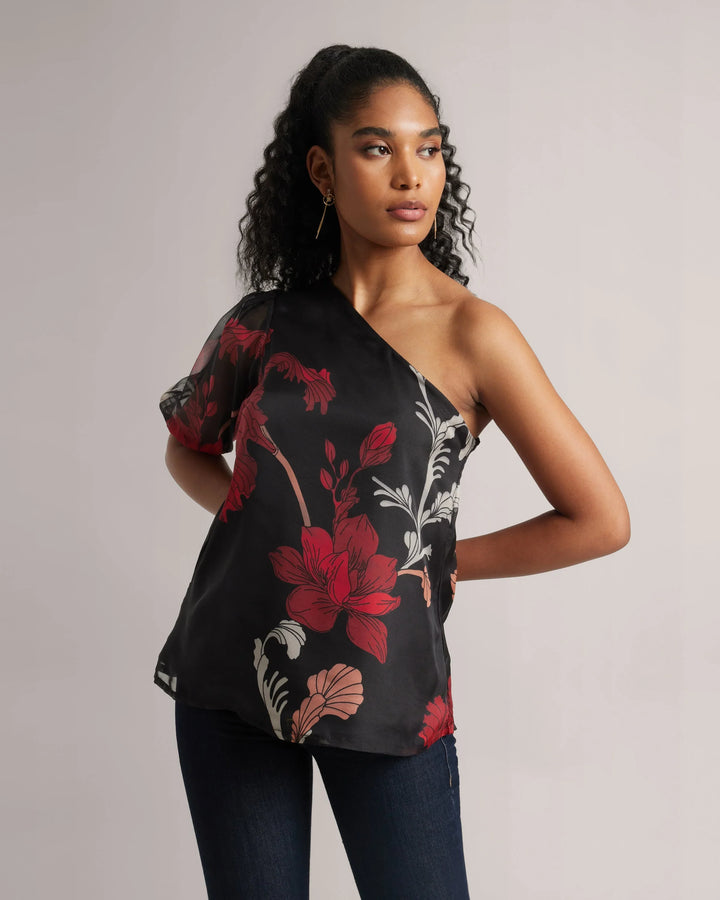 Black & Red Organza Botanic Print One-Shoulder Top Only