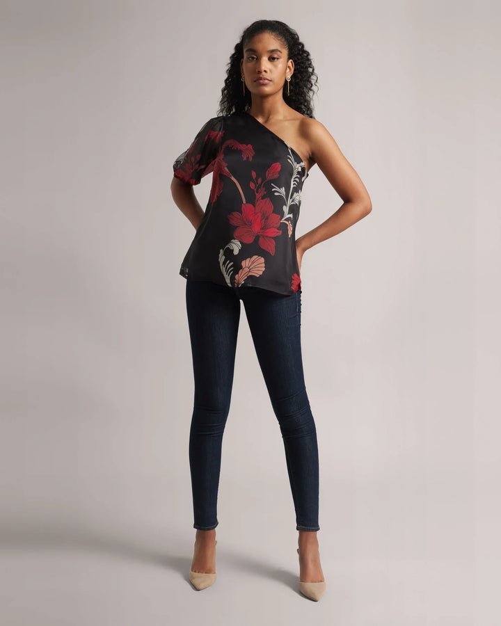 Black & Red Organza Botanic Print One-Shoulder Top Only