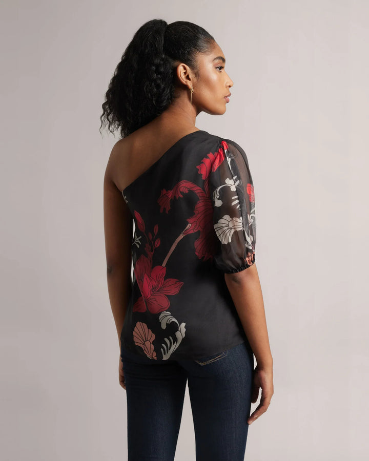 Black & Red Organza Botanic Print One-Shoulder Top Only