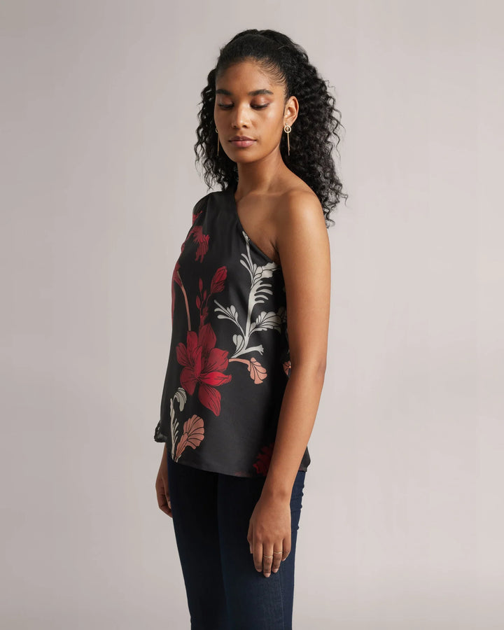 Black & Red Organza Botanic Print One-Shoulder Top Only