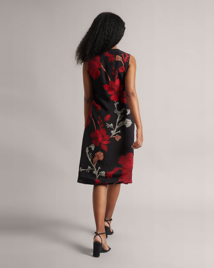 Black & Red Organza Sleeveless Midi Dress with Waist-Bow