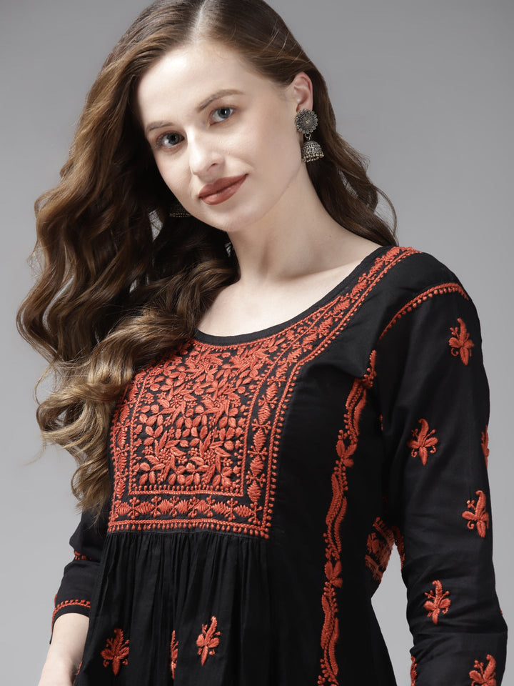 Black & Rust Cotton A-Line Chikankari Tunic