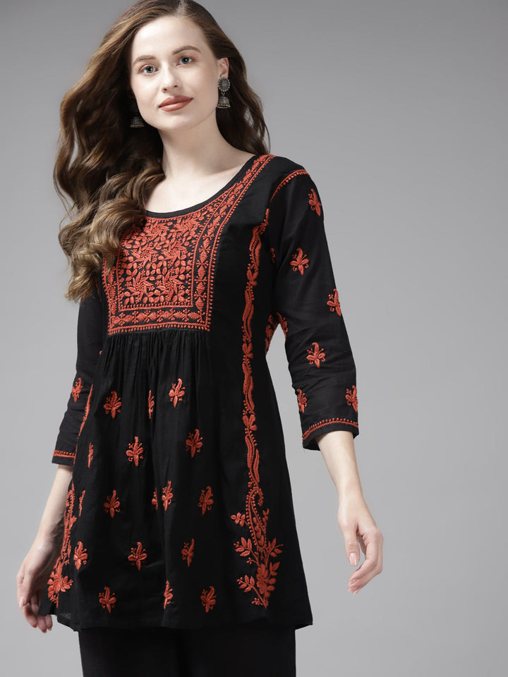 Black & Rust Cotton A-Line Chikankari Tunic