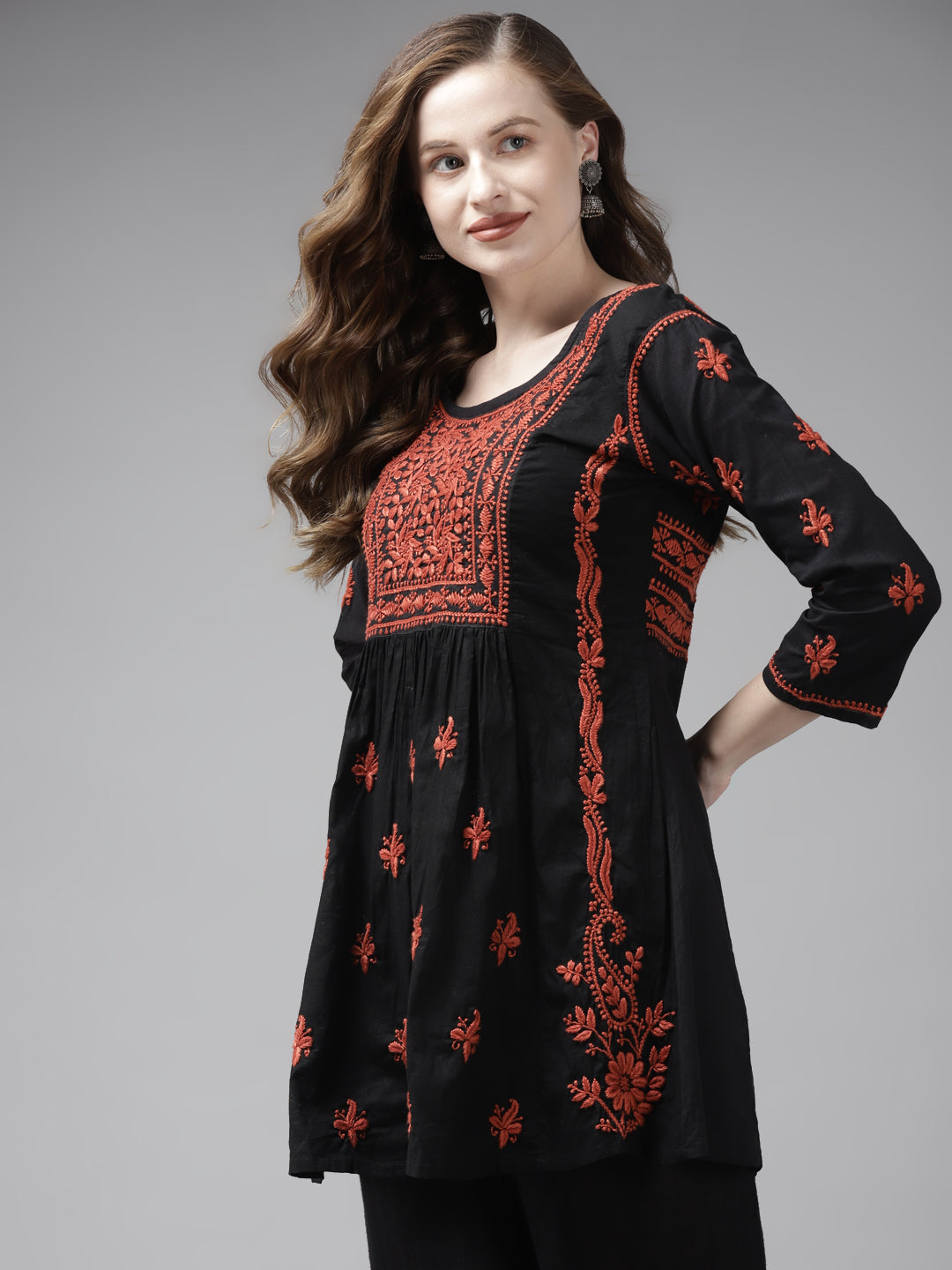 Black & Rust Cotton A-Line Chikankari Tunic