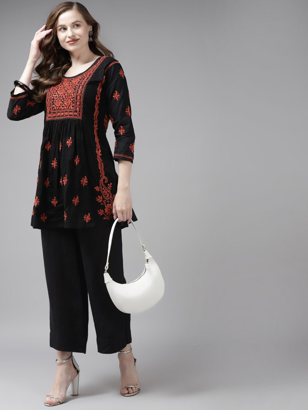 Black & Rust Cotton A-Line Chikankari Tunic