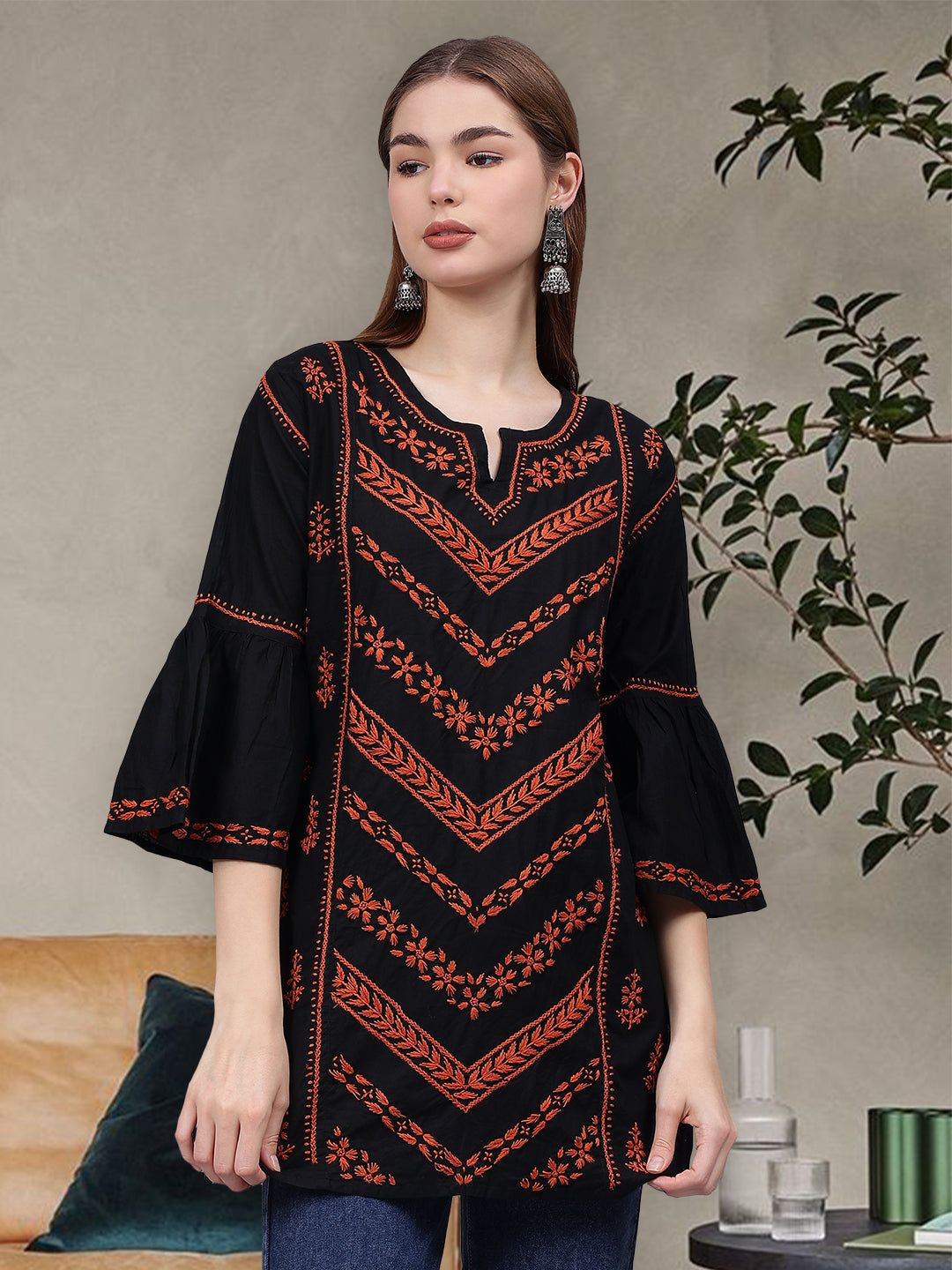 Black-&-Rust-Cotton-Embroidered-Chikankari-Straight-Tunic